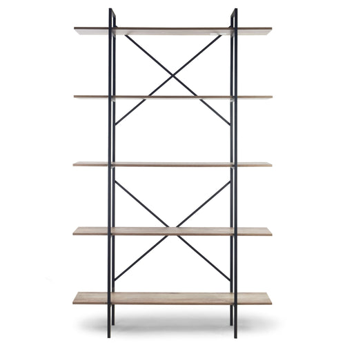 August 84.75 In. Metal Frame Light Brown Etagere Bookcase Five-shelf Media Center